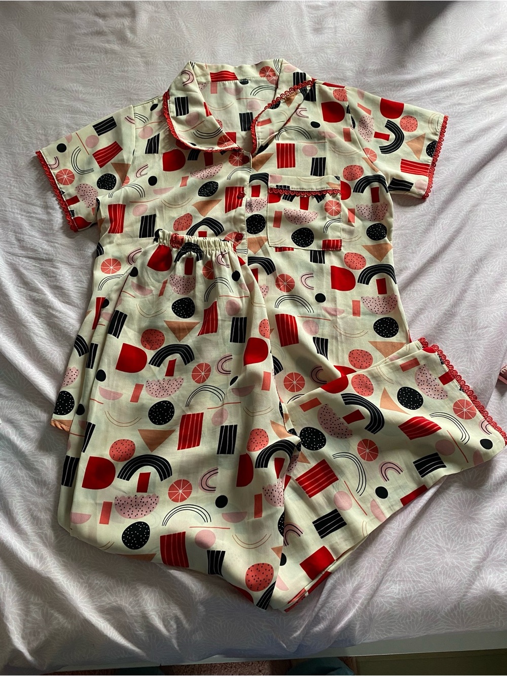 Cream Geometric Short Pajama Set with Red & Black Accents